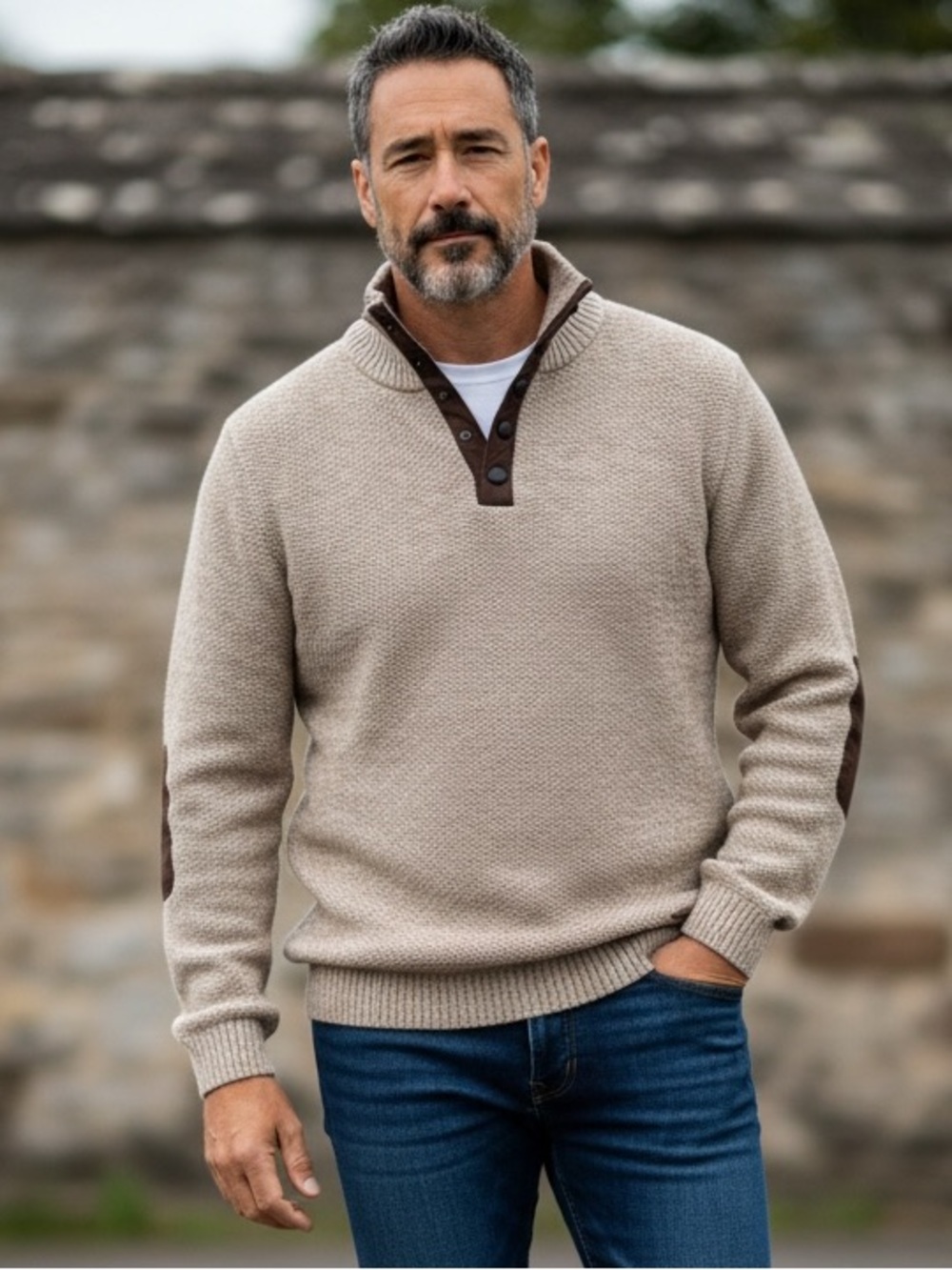 Buffalo David Bitton Tan V-Neck Quarter-Snap Sweater with Brown Elbow Patches